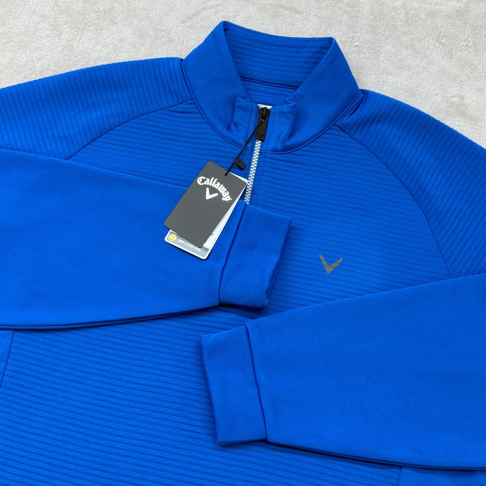Callaway Pullover Mens Large Blue 1/4 Zip Ribbed Fleece Opti-Dri Performance NEW